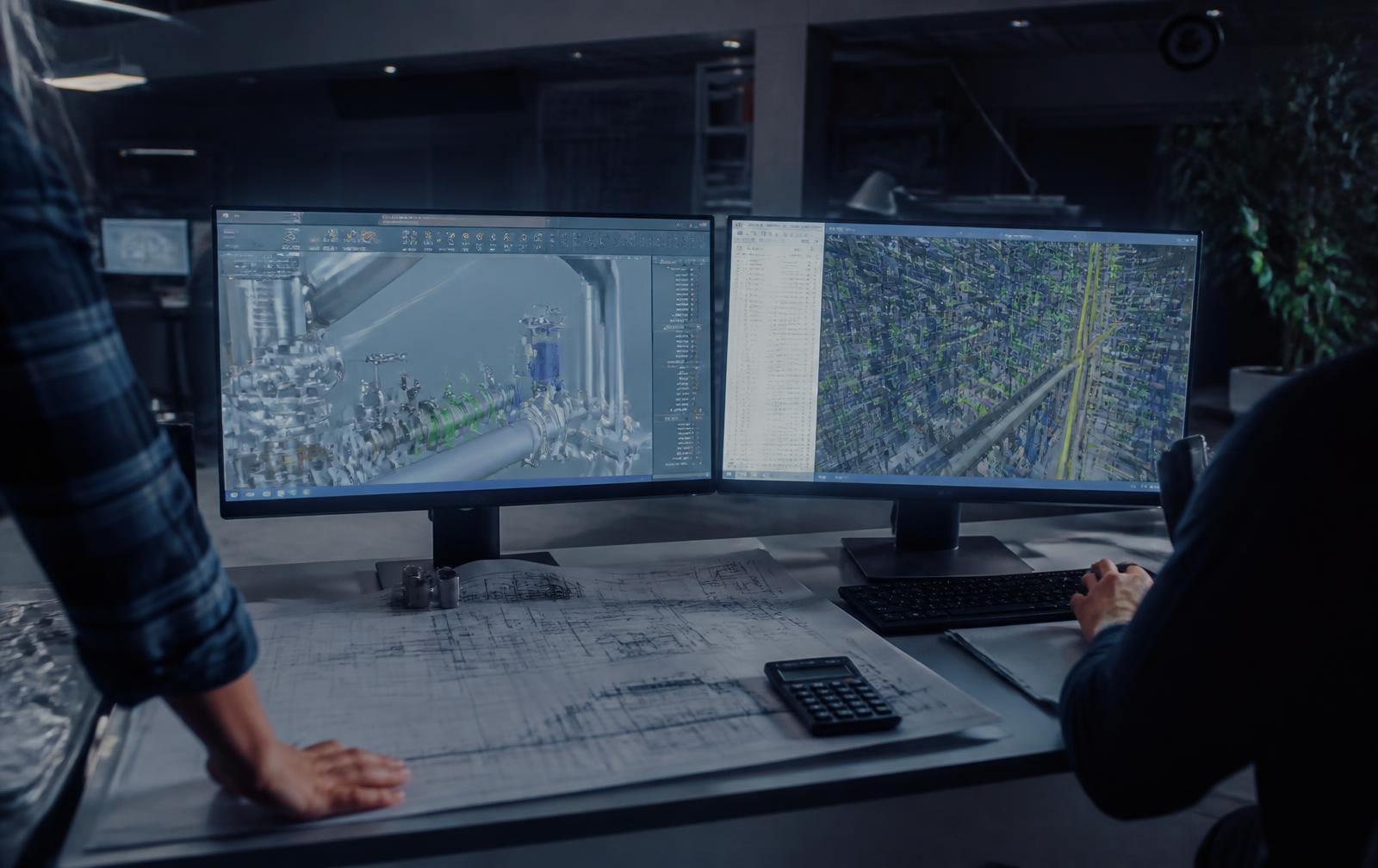 Engineers reviewing 3D piping models and technical drawings